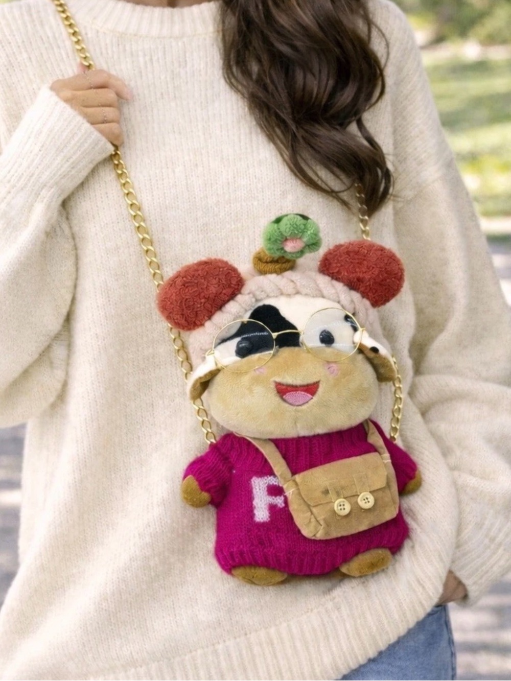 Unique Rare Cow Plush Soft Crossbody Shoulder Bag With Pink Sweater Eye Glasses